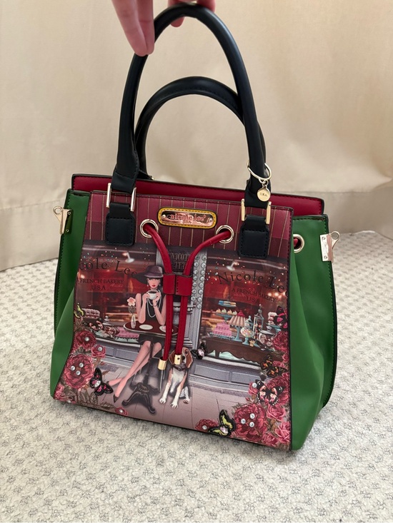 Nicole Lee Handbags - Nicole Lee Red, Green & Black Women's Satchel Handbag with Café Print
